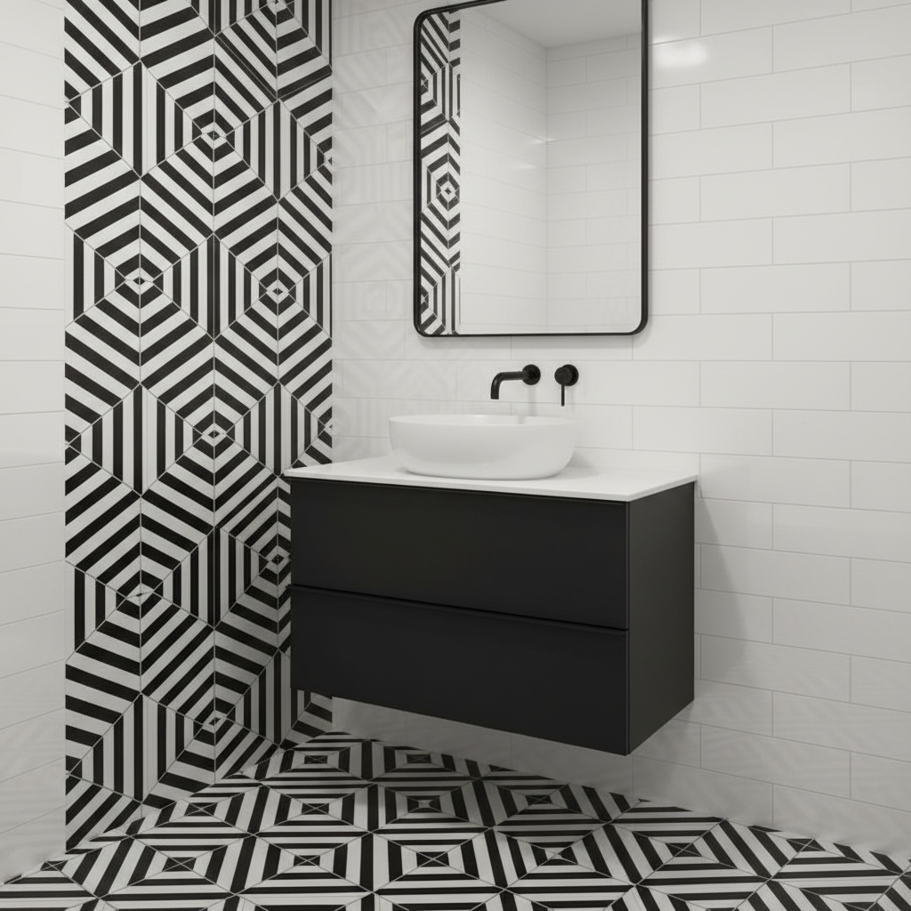 Nowoczesna łazienka w stylu black & white. Na podłodze i jednej ze ścian znajdują się duże, czarno-białe płytki w geometryczny wzór. Pozostałe ściany pokryte są gładkimi, białymi płytkami. Stoi tu prosta, czarna szafka pod umywalkę z białą, nablatową misą. Czarne, matowe krany i minimalistyczna rama lustra dopełniają całości, tworząc mocny, graficzny efekt.
