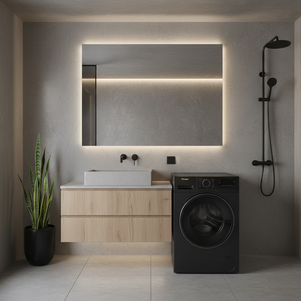 Elegancka, minimalistyczna łazienka z betonowymi ścianami i czarną armaturą. Lśniąca, czarna pralka Freggia Primo jest dumnie wyeksponowana obok drewnianej szafki pod umywalką. Obok stoi pojedyncza, stylowa roślina doniczkowa, dodająca odrobinę zieleni. Całość tworzy spokojną i luksusową atmosferę.