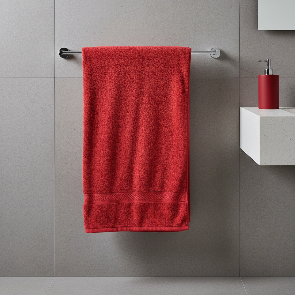Minimalistyczna, nowoczesna łazienka z matowymi, szarymi płytkami na ścianach i podłodze. Na tle szarości wyraźnie odznacza się jeden element: jaskrawoczerwony, puszysty ręcznik przewieszony przez chromowany wieszak. Obok na blacie stoi czerwony dozownik do mydła. Ujęcie jest zbliżeniem, które podkreśla kontrast kolorystyczny i teksturę materiałów.