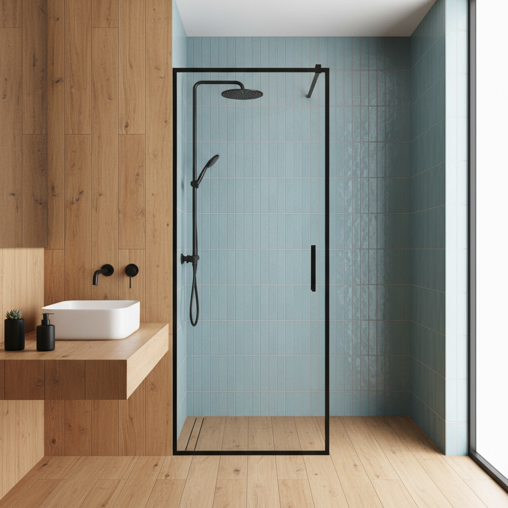 Nowoczesna łazienka z prysznicem typu walk-in. Ściana pod prysznicem wyłożona jest pionowymi, błękitnymi płytkami. Podłoga i ściana z umywalką wykonane są z paneli imitujących ciepłe, naturalne drewno. Czarna, matowa armatura i rama kabiny prysznicowej dodają industrialnego charakteru. Na drewnianym blacie obok białej, nablatowej umywalki stoją minimalistyczne dozowniki.