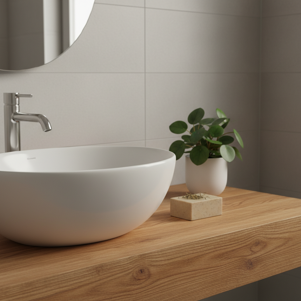 Zbliżenie na fragment łazienki, gdzie jasnoszare, matowe płytki ścienne spotykają się z blatem z litego, ciepłego drewna. Na blacie stoi biała, ceramiczna umywalka nablatowa. Obok leży kostka naturalnego mydła i mała, zielona roślina w minimalistycznej doniczce. Światło jest miękkie i ciepłe, podkreślając naturalne faktury drewna i spokój aranżacji.