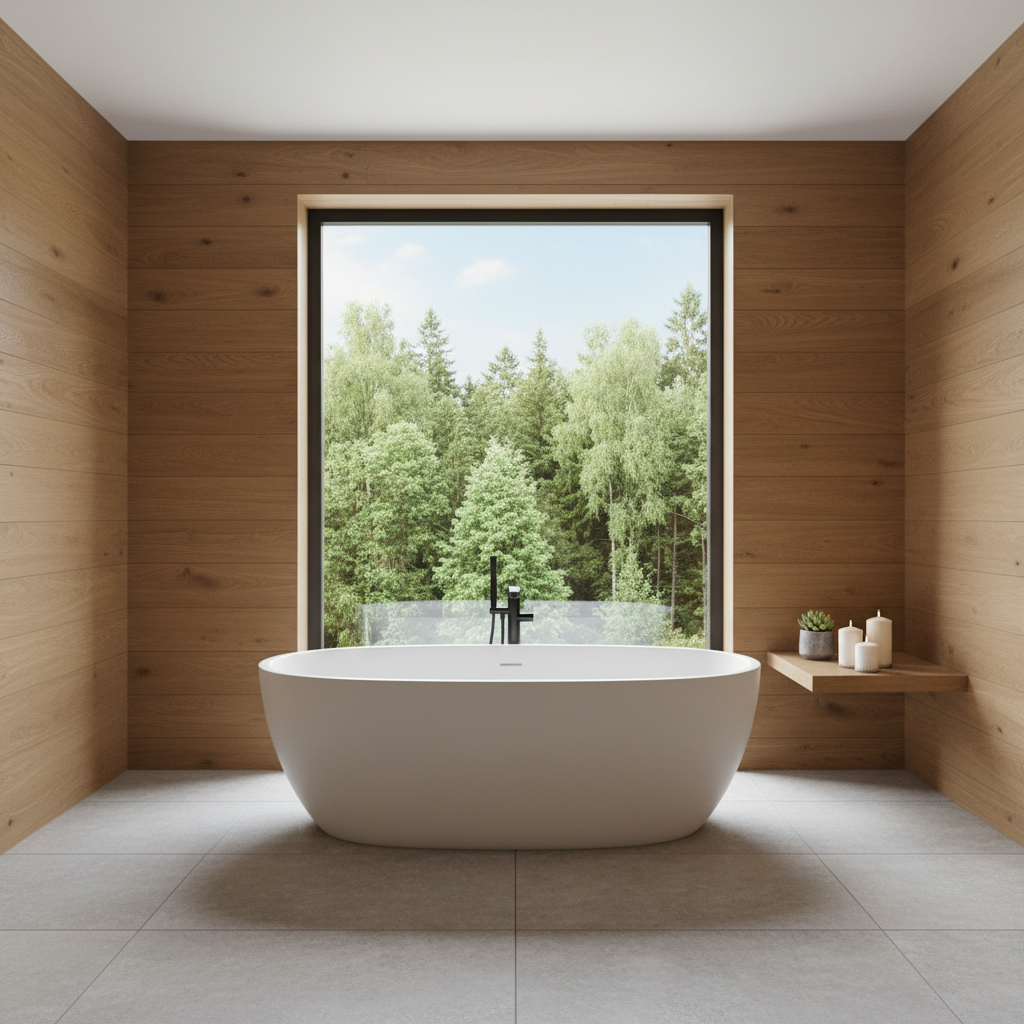 Jasna, luksusowa łazienka z wolnostojącą białą wanną umieszczoną przy dużym oknie z widokiem na zieleń. Jedna ściana w całości pokryta jest panelami z ciepłego, naturalnego drewna, co tworzy atmosferę domowego spa. Na drewnianej półce obok wanny stoją świece i mała roślina doniczkowa. Wnętrze jest minimalistyczne, pełne naturalnego światła i emanuje spokojem.