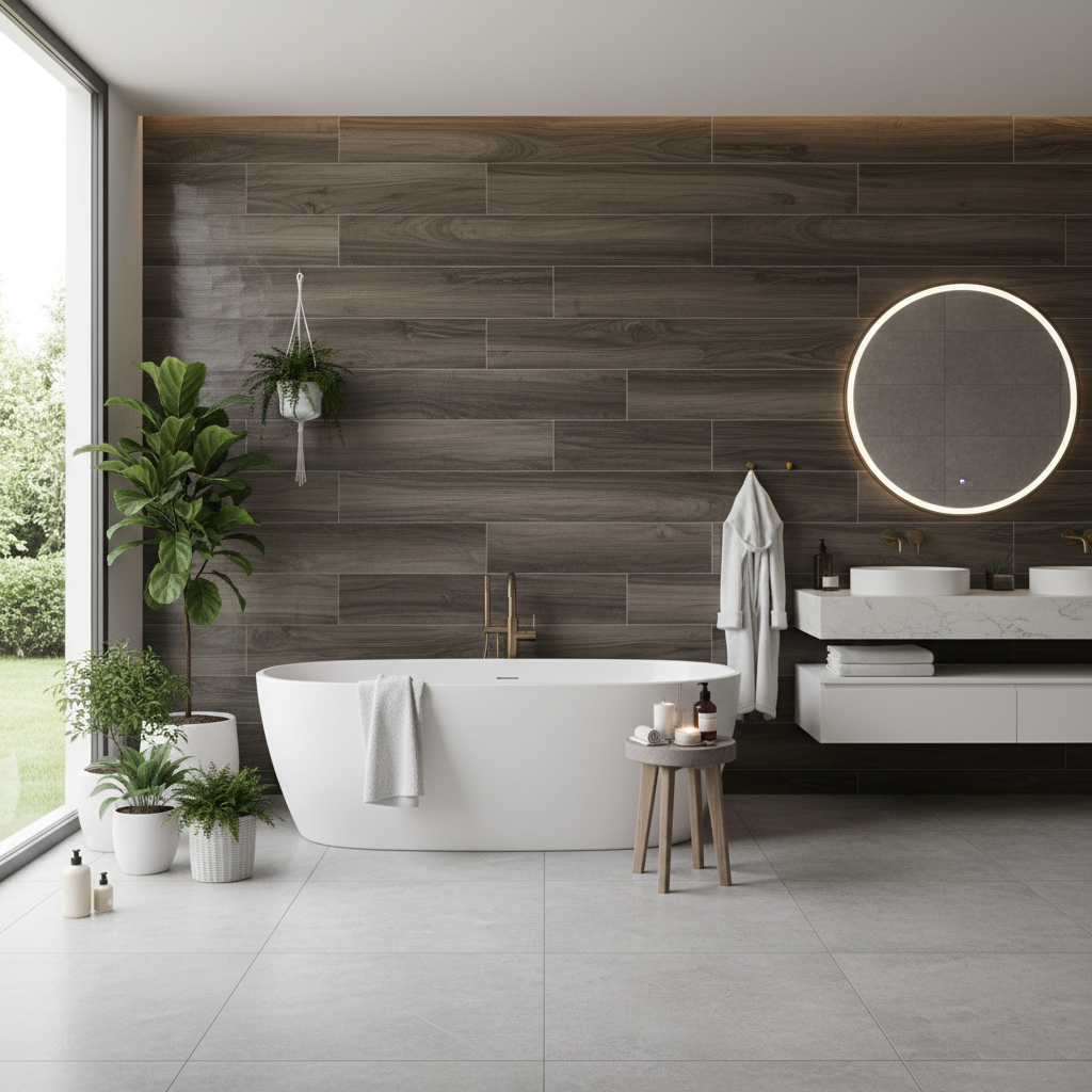 Elegancka, nowoczesna łazienka z wolnostojącą wanną na tle ściany wyłożonej wysokiej jakości płytkami ceramicznymi imitującymi ciemne, egzotyczne drewno. Duże okno wpuszcza do wnętrza miękkie, naturalne światło, a zielone rośliny w donicach dodają życia. Wnętrze jest luksusowe, ale jednocześnie przytulne i relaksujące, idealnie oddając ideę domowego SPA.