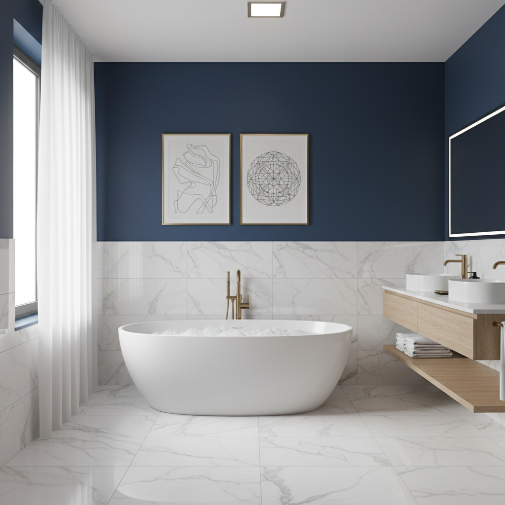 Nowoczesna, stylowa łazienka z eleganckimi płytkami i wolnostojącą wanną. Ściany nad płytkami pomalowane są piękną, matową farbą lateksową w kolorze głębokiego granatu. Na ścianie wiszą minimalistyczne grafiki. Wnętrze jest czyste, luksusowe i dobrze oświetlone.