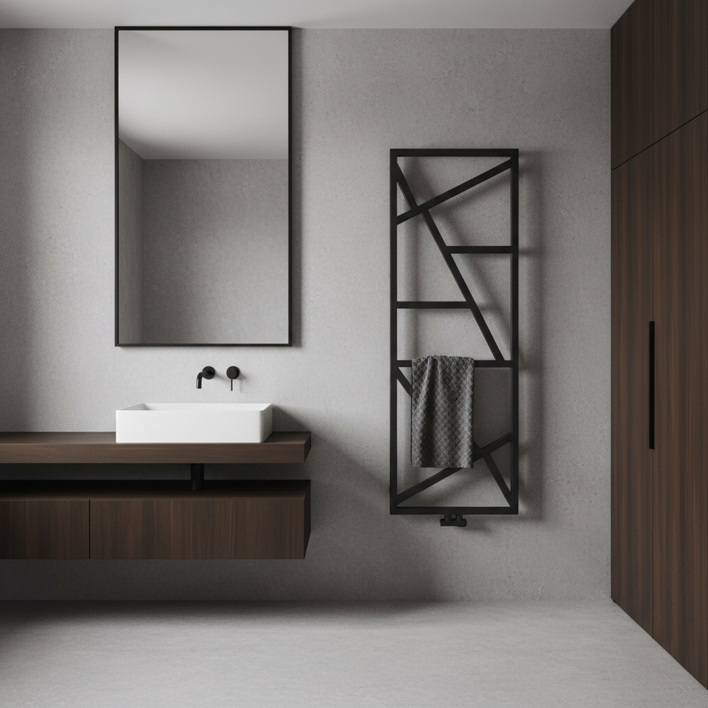 Fotorealistyczny obraz nowoczesnej, minimalistycznej łazienki z dominacją szarego betonu architektonicznego i ciemnego drewna. Na ścianie wisi czarny, matowy grzejnik o ostrych, geometrycznych kształtach, przypominający rzeźbę. Na nim przewieszony jest grafitowy ręcznik. Kwadratowa umywalka nablatowa i prostokątne lustro w czarnej ramie dopełniają surowej, ale eleganckiej kompozycji.