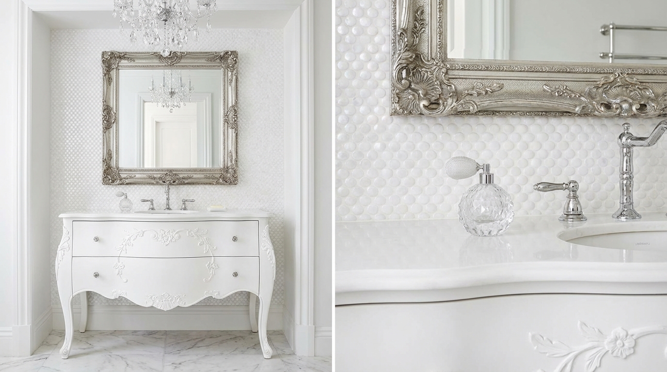 Elegancka, luksusowa biała łazienka w stylu glamour. W centralnym punkcie znajduje się biała szafka podumywalkowa z delikatnymi, kwiatowymi ornamentami i stylowymi, zakrzywionymi nóżkami. Nad nią wisi duże, ozdobne lustro w srebrnej ramie. Na blacie stoi kryształowy flakonik perfum. W tle widać ścianę z białymi płytkami o połyskującej, perłowej powierzchni.