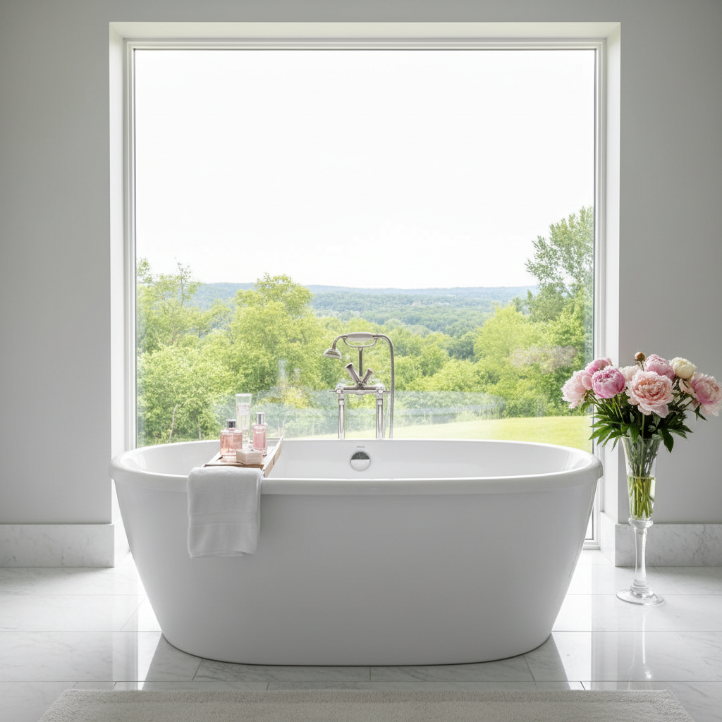 Szerokie, jasne ujęcie luksusowej łazienki z wolnostojącą wanną pośrodku. W tle widać duże okno z widokiem na zieleń. Po jednej stronie wanny leży starannie złożony, puszysty biały ręcznik i taca z kosmetykami do pielęgnacji, po drugiej stronie stoi wazon ze świeżymi piwoniami. Wnętrze jest jasne, pełne naturalnego światła, emanuje spokojem i relaksem. Stylistyka łączy w sobie nowoczesną elegancję z subtelnymi, kobiecymi akcentami.