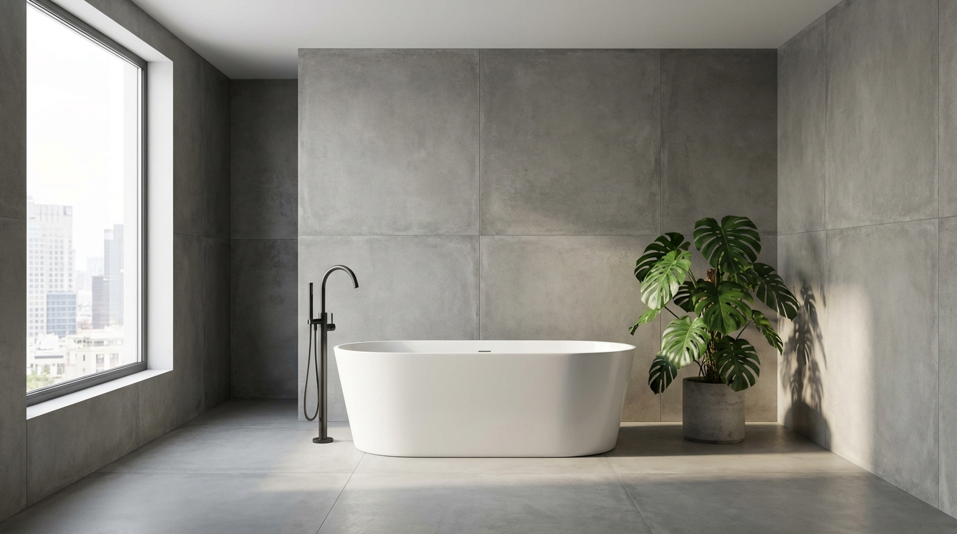 Nowoczesna, przestronna łazienka w wielkomiejskim stylu. Na ścianach i podłodze wielkoformatowe, matowe, szare płytki imitujące beton. Centralnym punktem jest wolnostojąca biała wanna z elegancką czarną baterią. Obok wanny stoi duża, zielona roślina doniczkowa (np. monstera). Przez duże okno bez zasłon wpada naturalne, miękkie światło, podkreślające fakturę płytek i minimalistyczny charakter wnętrza.
