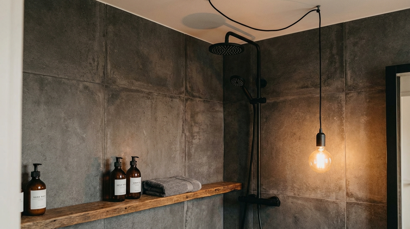 Ujęcie fragmentu nowoczesnej łazienki w stylu industrialnym. Ściana wyłożona jest ciemnoszarymi, grafitowymi płytkami z kolekcji Lando, o wyraźnej fakturze surowego betonu. Na tym tle zamontowana jest czarna, matowa bateria prysznicowa. Widoczny jest również fragment drewnianej półki z kosmetykami w minimalistycznych opakowaniach oraz zwisająca z sufitu na czarnym kablu żarówka Edisona dająca ciepłe światło.