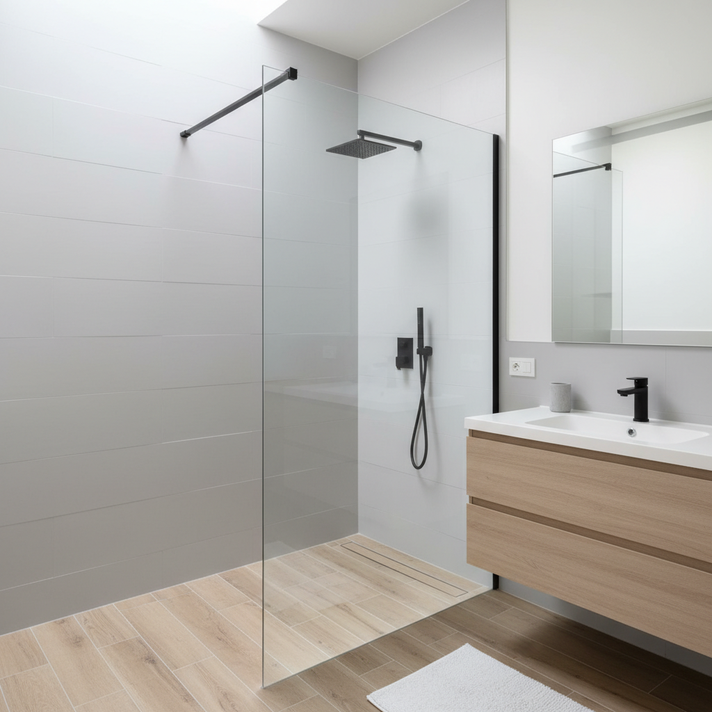 Kąt nowoczesnej, jasnej łazienki z kabiną prysznicową typu walk-in. Ściany w strefie prysznica wykończone są gładką, wodoodporną farbą w kolorze jasnoszarym, bez widocznych fug. Podłoga wyłożona jest płytkami imitującymi drewno. Przez szklaną ścianę prysznica widać elegancką, czarną deszczownicę. Wnętrze jest dobrze oświetlone i wygląda na wyjątkowo czyste i zadbane, co podkreśla skuteczność zastosowanych rozwiązań przeciw wilgoci.