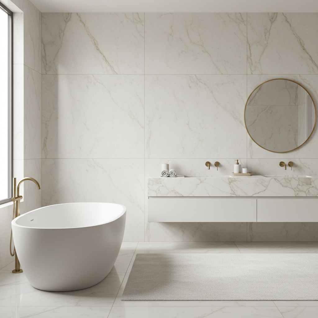 Elegancka, luksusowa łazienka wyłożona wielkoformatowymi płytkami z naturalnego kamienia, takiego jak marmur Calacatta Gold. Fuga jest idealnie dopasowana do najjaśniejszego odcienia w żyłkowaniu kamienia, dzięki czemu jest niemal niewidoczna, tworząc jednolitą, gładką powierzchnię na ścianie za wolnostojącą wanną. Światło z okna delikatnie oświetla wnętrze.