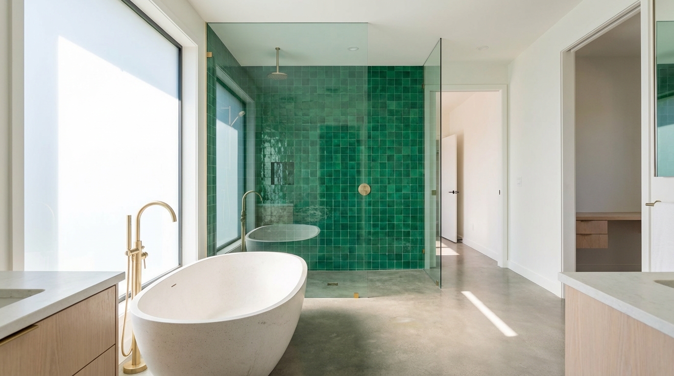 Szerokie ujęcie eleganckiej, minimalistycznej łazienki z dużą kabiną prysznicową typu walk-in. Przez szklaną ścianę prysznica widać ścianę wyłożoną żywymi, zielonymi płytkami. Wnętrze jest jasne, oświetlone naturalnym światłem wpadającym przez duże okno. Na pierwszym planie widać wolnostojącą wannę i nowoczesną armaturę.