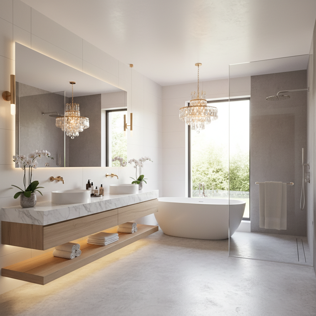 Jasna, luksusowa i nowoczesna łazienka z wolnostojącą wanną i dużą kabiną prysznicową. Wnętrze jest oświetlone przez wiele źródeł światła: elegancki żyrandol sufitowy rzuca ciepłe, ogólne światło, dwa stylowe kinkiety po bokach dużego lustra nad podwójną umywalką zapewniają idealne oświetlenie do pielęgnacji, a subtelne listwy LED wnękowe podświetlają półki z kosmetykami. Całość tworzy atmosferę relaksu i spa. Paleta kolorów to biel, szarość i naturalne drewno.