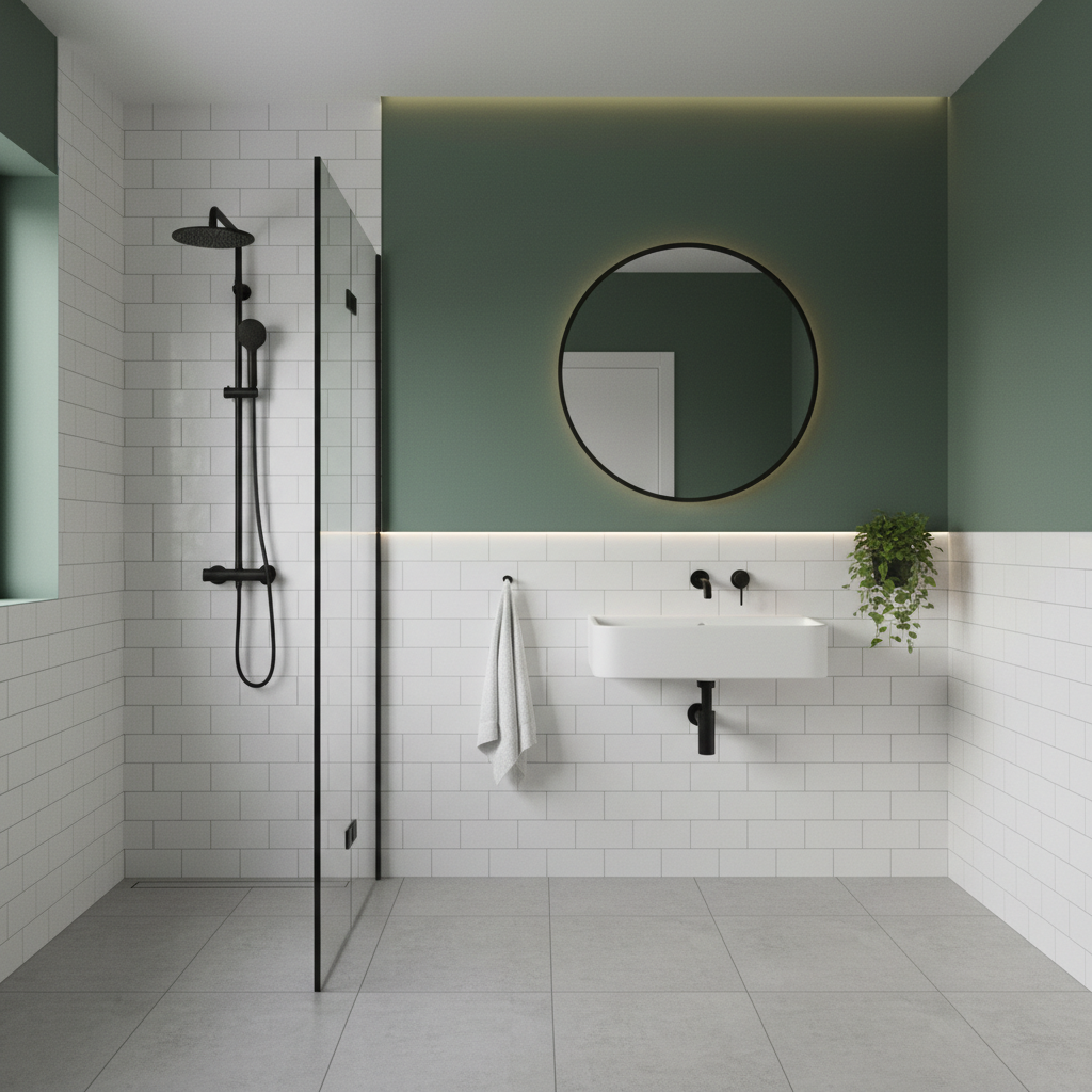 Stylowa łazienka z białymi kafelkami-cegiełkami na ścianach do połowy wysokości. Powyżej kafelków ściana jest pomalowana na głęboki, matowy zielony kolor. Nowoczesna, czarna armatura i okrągłe lustro w czarnej ramie dopełniają całości.