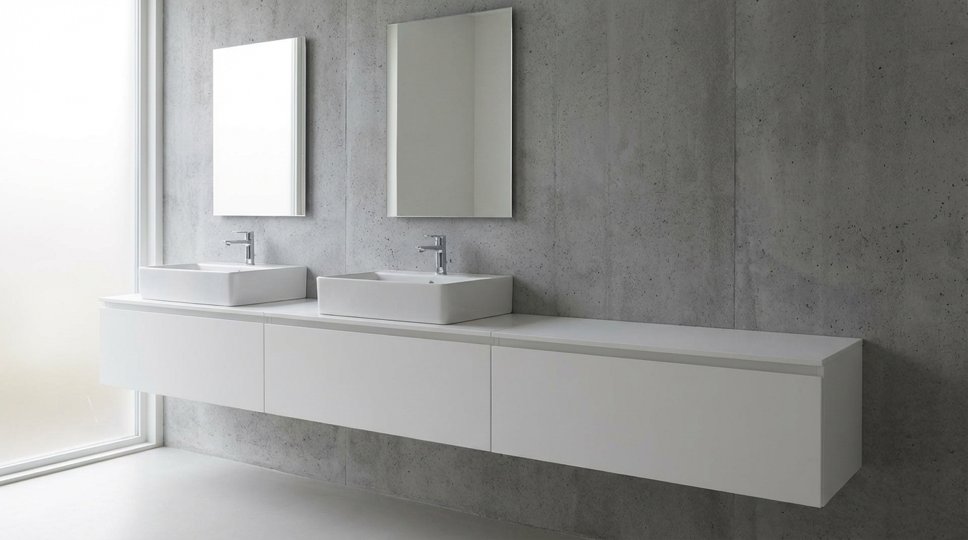 Nowoczesna, minimalistyczna łazienka z białymi meblami modułowymi. Widoczna jest długa, podwieszana szafka podumywalkowa składająca się z kilku połączonych modułów. Na blacie stoją dwie proste, geometryczne umywalki nablatowe. Nad nimi wiszą dwa proste, prostokątne lustra. Ściana za meblami wykończona jest szarym, architektonicznym betonem, co tworzy ciekawy kontrast z bielą mebli.
