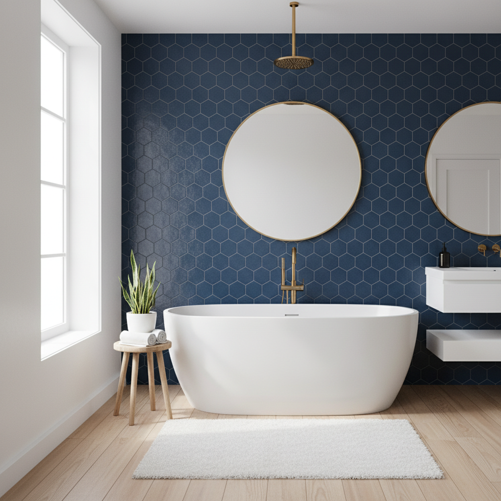 Jasna, przestronna łazienka w stylu nowoczesnym, z dużą ilością naturalnego światła wpadającego przez okno. Jedna ściana pokryta jest eleganckimi, granatowymi płytkami o ciekawej fakturze, na tle której stoi wolnostojąca, biała wanna. Podłoga wykonana jest z jasnego drewna, a na niej leży miękki, biały dywanik. Wnętrze uzupełniają złote akcenty w postaci armatury i ramy okrągłego lustra. Na drewnianym stołku obok wanny leży zwinięty biały ręcznik i stoi mała roślina doniczkowa.