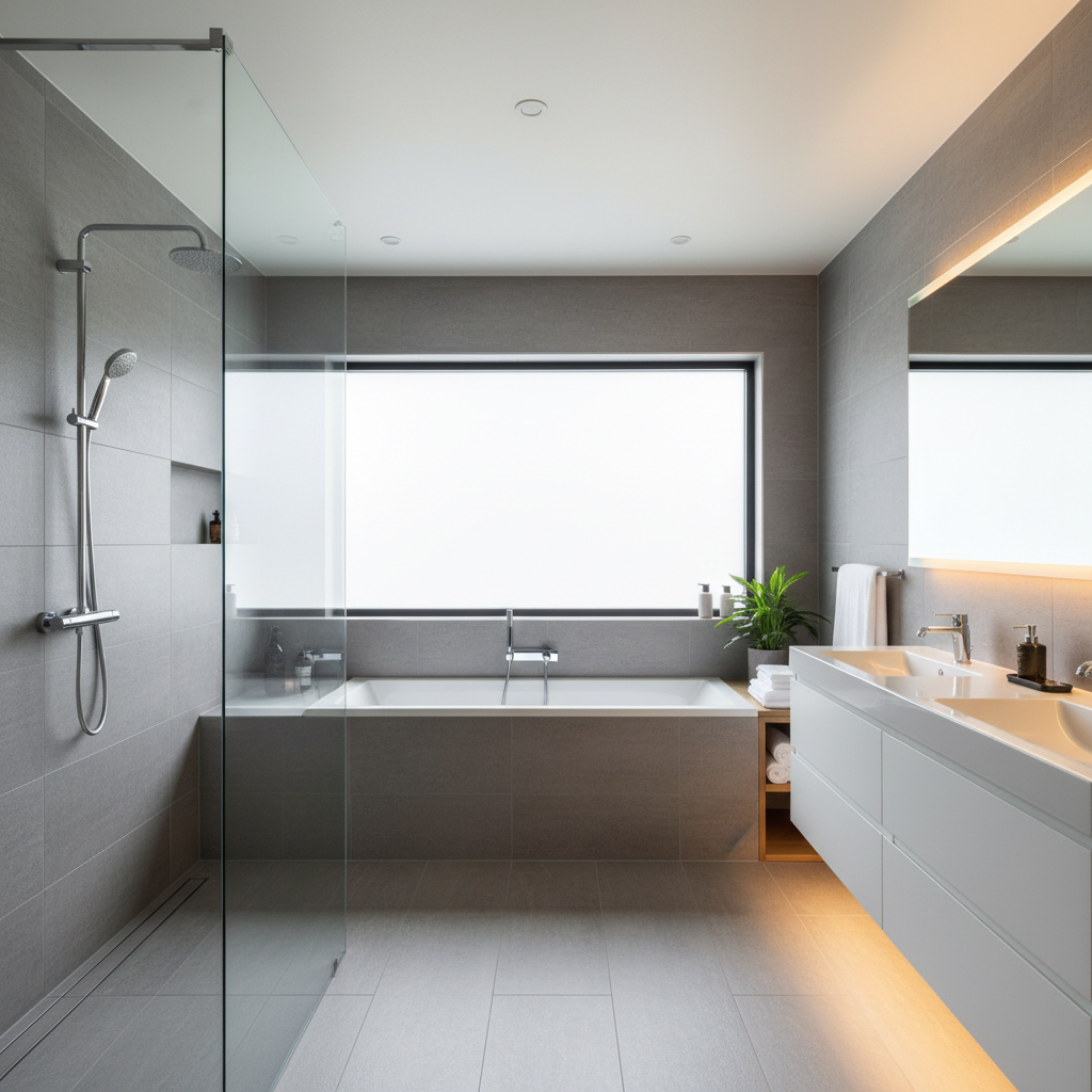 Fotorealistyczne zdjęcie jasnej, nowoczesnej łazienki z dużym prysznicem bezbrodzikowym. Ściany i podłoga wykończone są eleganckimi, wielkoformatowymi płytkami w odcieniach szarości. W tle widać minimalistyczną wannę, której obudowa jest idealnie dopasowana do reszty wnętrza. Oświetlenie jest ciepłe i subtelne, podkreślające czystość i luksusowy charakter przestrzeni.