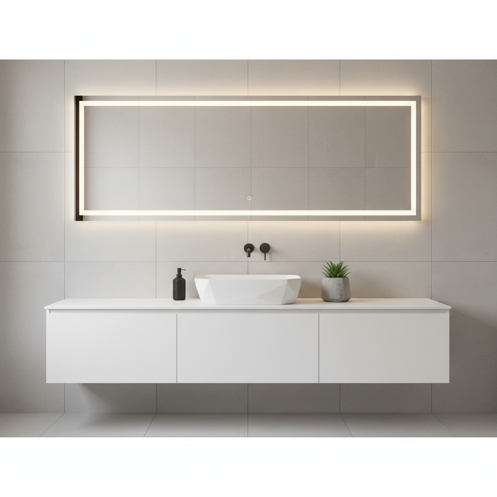 Minimalistyczna, jasna łazienka z dużym lustrem z podświetleniem LED. Pod lustrem znajduje się biała, podwieszana szafka z kolekcji Metropolitan Opoczno z geometryczną umywalką nablatową. Na blacie stoi jedynie elegancki dozownik do mydła i mała roślina w betonowej doniczce. Ściany pokryte są wielkoformatowymi, jasnoszarymi płytkami o matowym wykończeniu. Całość emanuje spokojem, czystością i nowoczesnym luksusem.