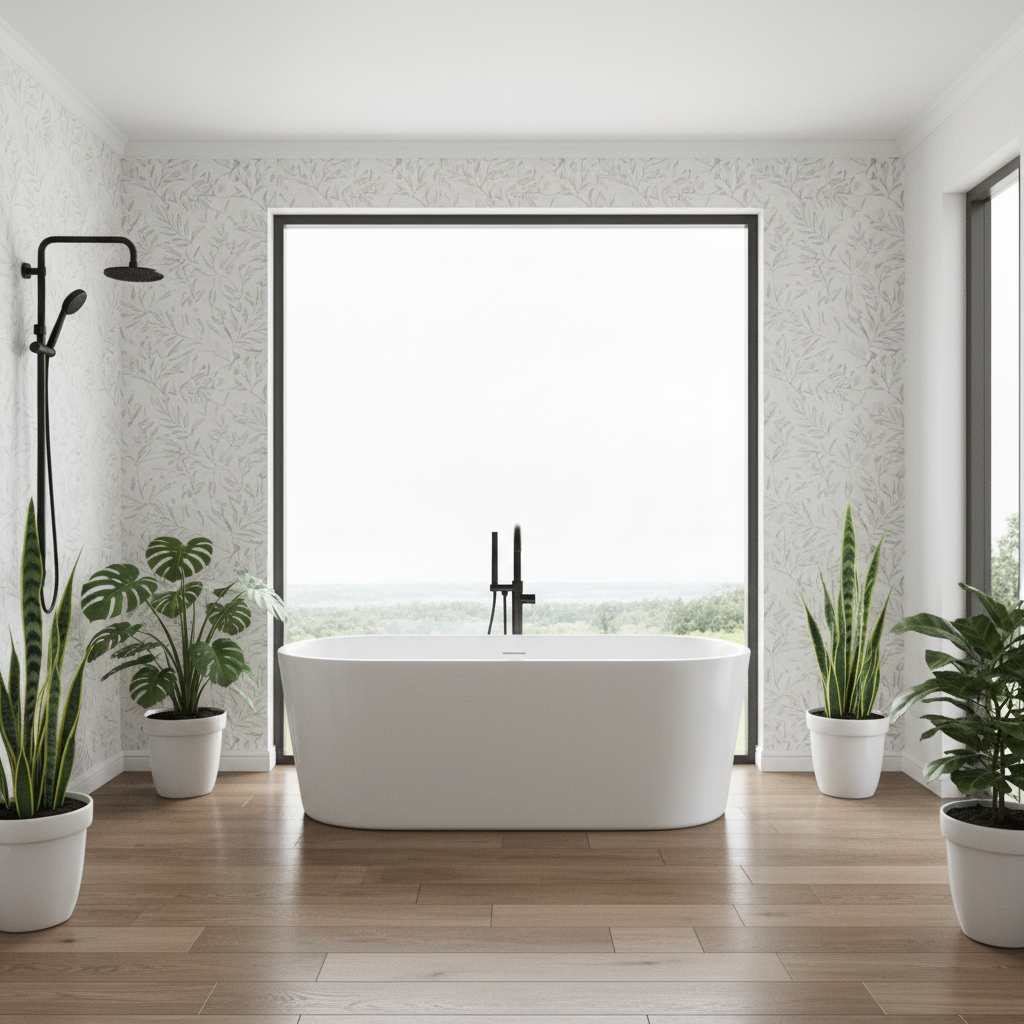 Jasna, przestronna i luksusowa łazienka z wolnostojącą wanną w centrum. Jedna ściana jest wykończona elegancką, wodoodporną tapetą w subtelny wzór, a podłoga pokryta jest panelami imitującymi naturalne drewno. Duże okno wpuszcza mnóstwo naturalnego światła, a całość dopełniają nowoczesne, czarne baterie i zielone rośliny.
