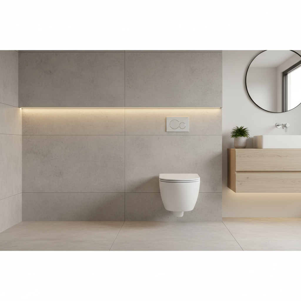 Jasna, minimalistyczna łazienka z podwieszaną miską WC. Ściana za toaletą wykończona eleganckimi, wielkoformatowymi płytkami w odcieniu betonu architektonicznego. Na ścianie widać nowoczesny, chromowany przycisk spłukujący. Subtelne oświetlenie LED podkreśla czyste linie i daje poczucie przestronności.