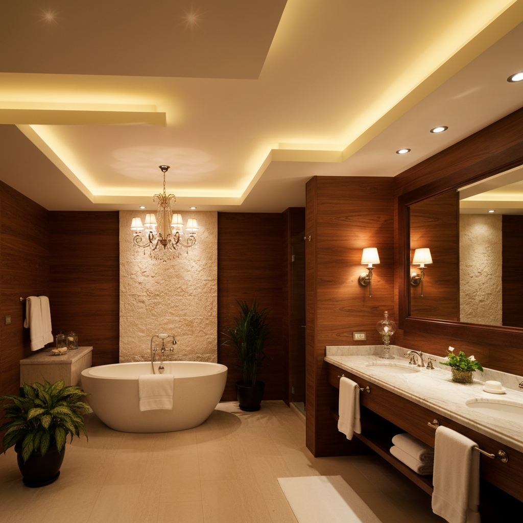 Panoramiczne ujęcie przestronnej, luksusowej łazienki w stylu spa, gdzie głównym elementem jest pięknie zaprojektowane, wielopoziomowe oświetlenie. Widać elegancki żyrandol nad wolnostojącą wanną, dyskretne punkty halogenowe w suficie podwieszanym oraz kinkiety przy dużym lustrze. Światło jest ciepłe i zapraszające, podkreślając fakturę naturalnych materiałów, takich jak drewno i kamień.