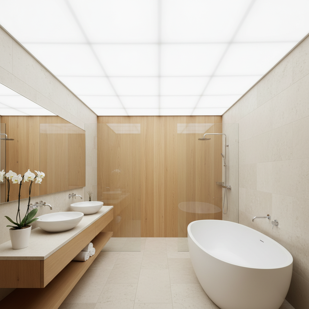 Minimalistyczna łazienka w stylu spa, wykończona naturalnym kamieniem i drewnem. Cały sufit to plafon świetlny z folii transparentnej, który równomiernie oświetla pomieszczenie miękkim, rozproszonym światłem, przypominającym naturalne światło dzienne wpadające przez świetlik. Brak widocznych lamp, co potęguje wrażenie czystości i przestronności. Styl fotorealistyczny, jasna tonacja.