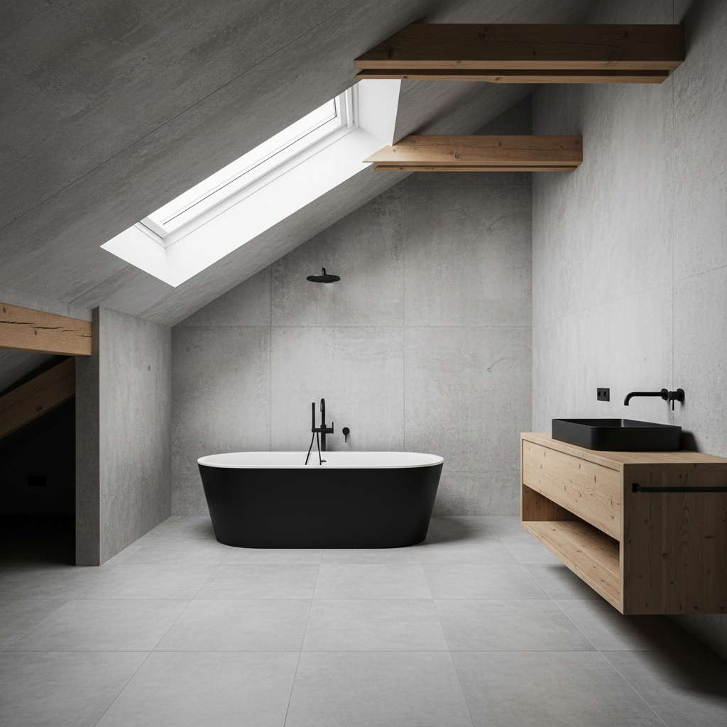 Szerokie, jasne ujęcie przestronnej łazienki na poddaszu w stylu loftowym. Przez duże okno dachowe wpada naturalne światło, oświetlając wolnostojącą, czarną wannę stojącą na tle ściany z surowego betonu architektonicznego. Widoczne są również drewniane belki stropowe, czarna armatura i minimalistyczna szafka z surowego drewna.