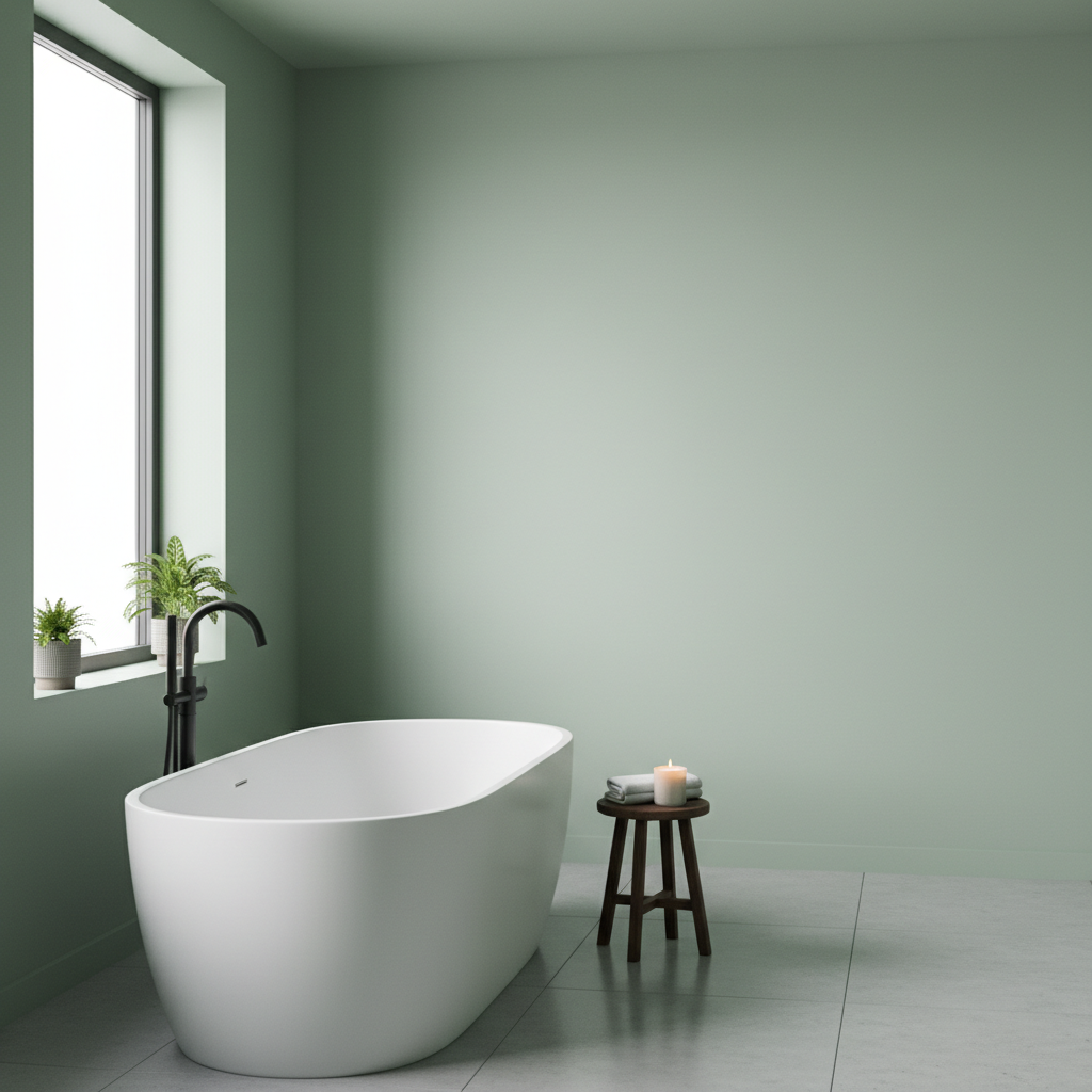 Elegancka, nowoczesna łazienka skąpana w naturalnym świetle wpadającym przez duże okno. Ściany pomalowane są na spokojny, szałwiowy kolor o matowym wykończeniu. Widać fragment wolnostojącej wanny i minimalistyczną, czarną armaturę. Całość tworzy atmosferę spa i relaksu, podkreślając idealne wykończenie ścian.