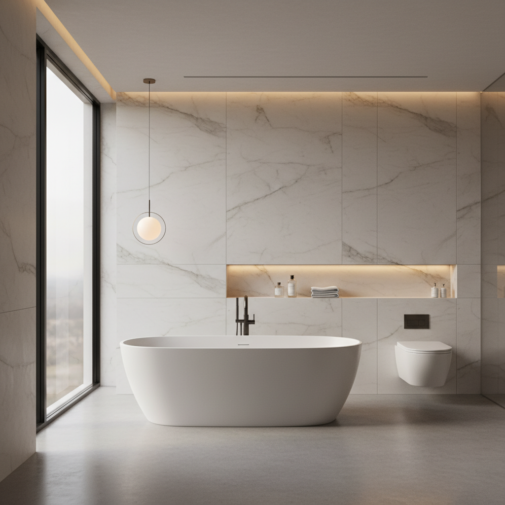 Panoramiczne ujęcie minimalistycznej, luksusowej łazienki z dużym oknem. Na pierwszym planie widoczna jest wolnostojąca wanna, a w tle ściana z podwieszanym sedesem i wbudowaną, podświetlaną wnęką na kosmetyki. Ściana jest idealnie gładka, wykończona wielkoformatowymi płytkami imitującymi jasny marmur, co podkreśla ukrycie całej instalacji. Ciepłe, ambientowe oświetlenie.