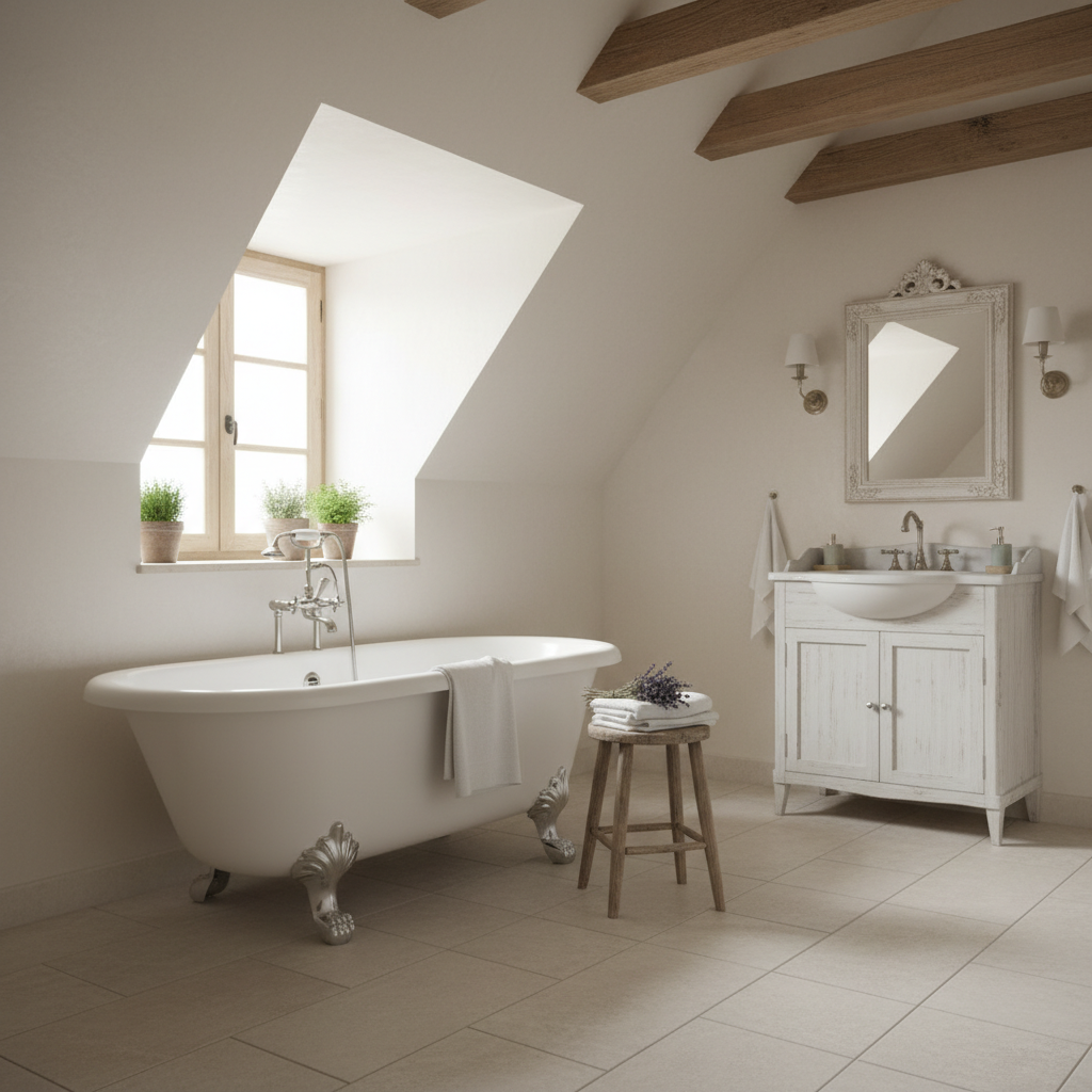 Jasna, przestronna łazienka na poddaszu w stylu prowansalskim. W centralnym punkcie stoi biała, wolnostojąca wanna na ozdobnych, srebrnych nóżkach. Nad wanną widać drewniane belki stropowe. Obok wanny stoi mały, drewniany stołek z ręcznikiem i bukiecikiem lawendy. W tle widać bieloną szafkę z umywalką i lustro w ozdobnej ramie. Przez okno dachowe wpada miękkie, naturalne światło, oświetlając całe wnętrze.