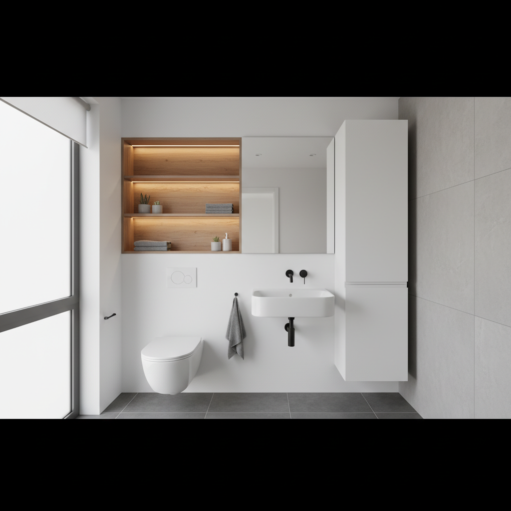 Nowoczesna, mała łazienka z inteligentnymi rozwiązaniami do przechowywania. Nad toaletą znajdują się wbudowane w ścianę, oświetlone półki z drewna. Obok umywalki stoi wysoki, wąski słupek meblowy w kolorze białym. Panuje idealny porządek.