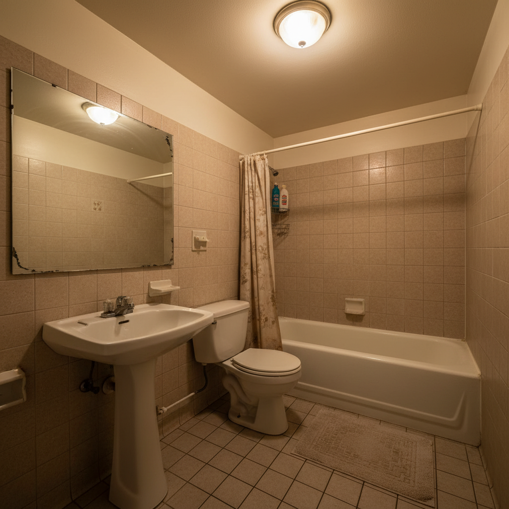 Szerokie ujęcie małej, przestarzałej łazienki z beżowymi płytkami i standardową białą armaturą, słabe oświetlenie, styl lat 90.