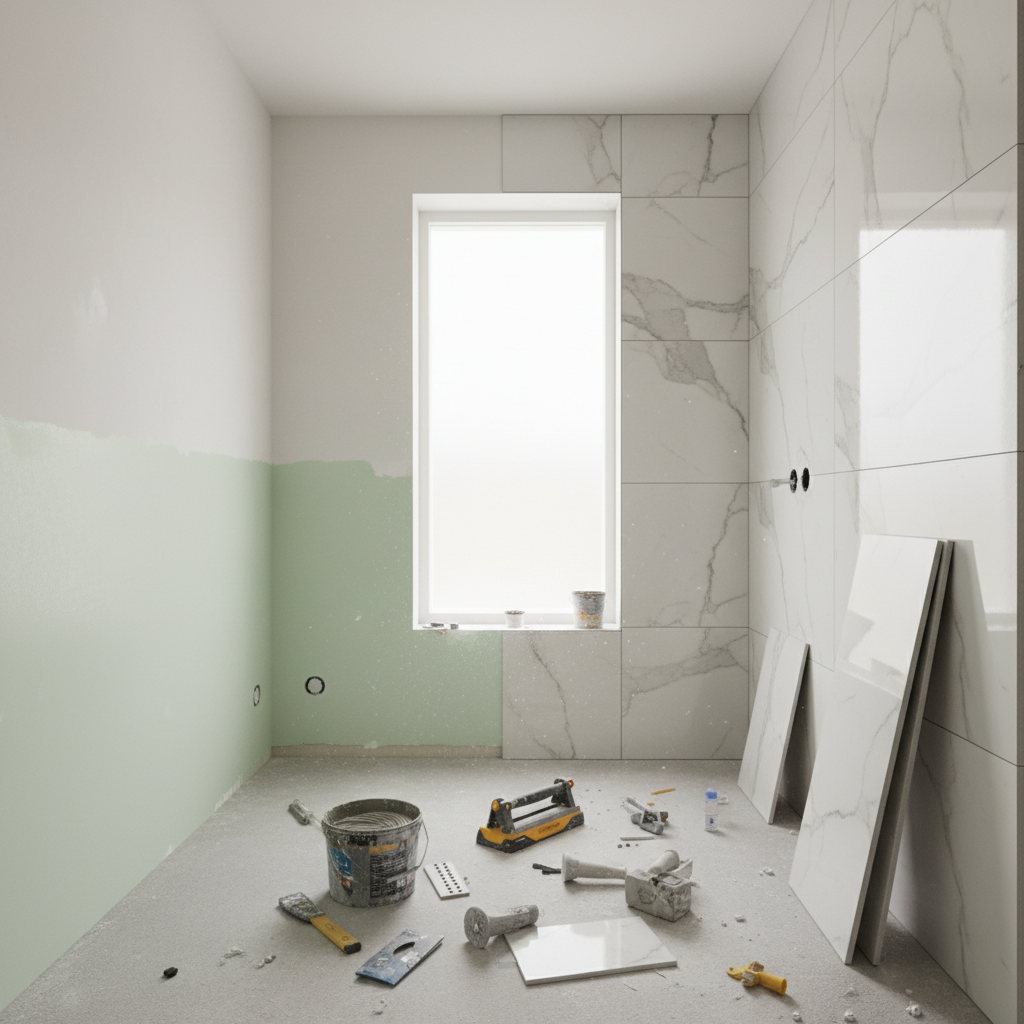 Jasna, nowoczesna łazienka w trakcie remontu. Jedna śiana jest do połowy pokryta starą, jasnozieloną farbą, a druga jest w trakcie układania eleganckich, dużych płytek ceramicznych o wyglądzie białego marmuru. Na podłodze leżą narzędzia glazurnicze, a przez okno wpada miękkie, naturalne światło, tworząc atmosferę transformacji i nowego początku.