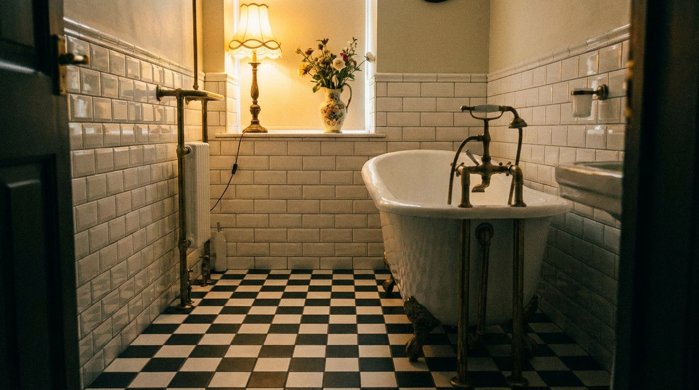 Kadr przedstawiający łazienkę w stylu retro. Na podłodze widoczne są czarno-białe płytki ułożone w szachownicę. Na ścianie położono białe, błyszczące płytki typu "metro". W tle znajduje się wolnostojąca wanna na ozdobnych nóżkach oraz mosiężna armatura. Na parapecie stoi wazon z kwiatami, a całość oświetla ciepłe, nastrojowe światło.