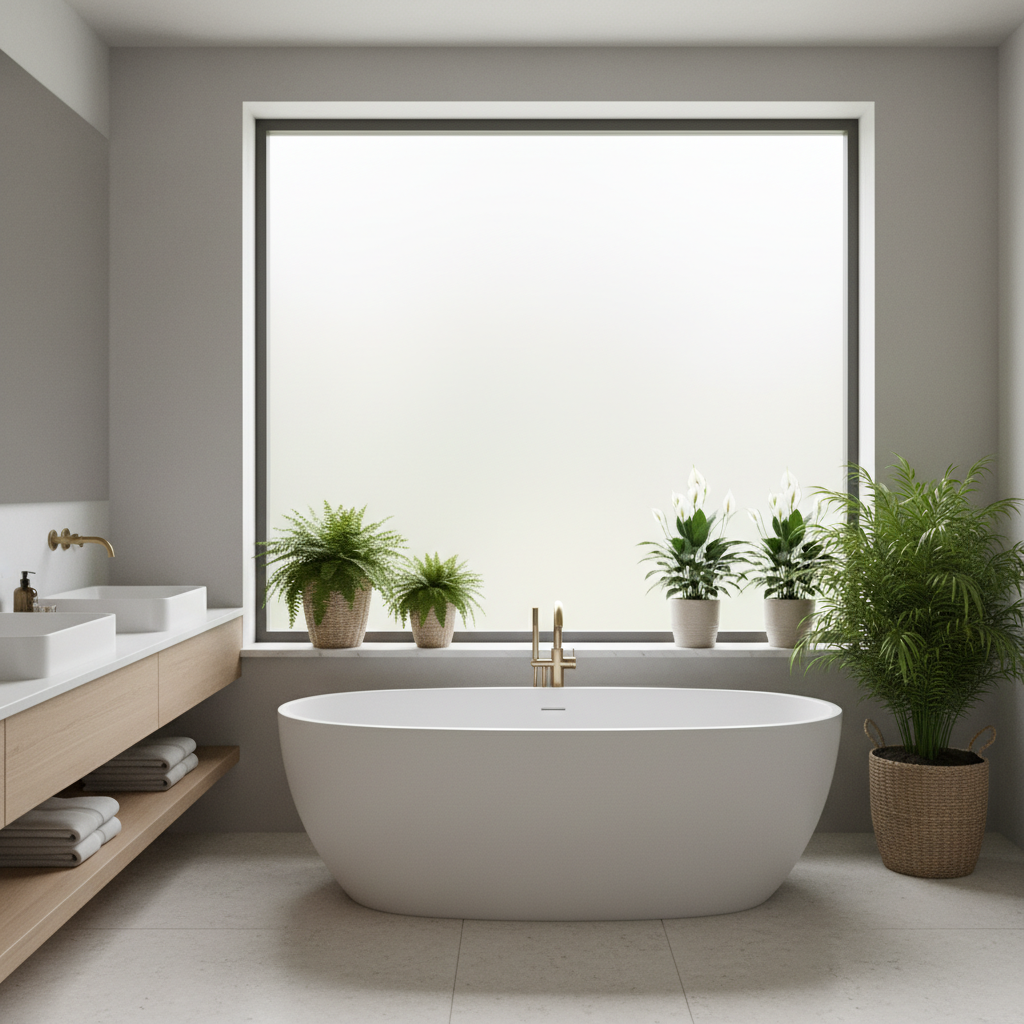 Jasna, nowoczesna łazienka w stylu spa z dużą ilością naturalnego światła. Na parapecie i obok wolnostojącej wanny stoją doniczki z bujnymi paprociami i kwitnącym skrzydłokwiatem. Całość tworzy atmosferę relaksującej, zielonej oazy.