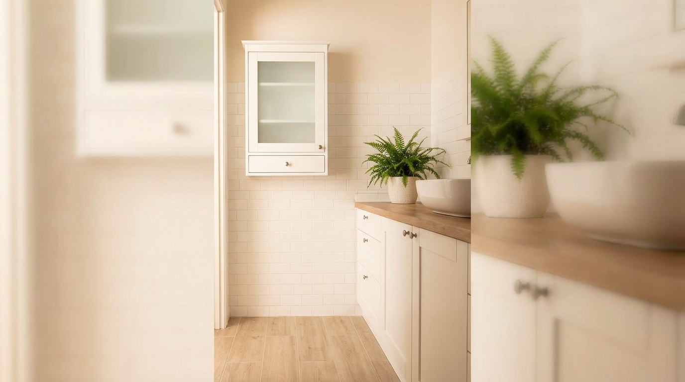Jasna, minimalistyczna łazienka w stylu skandynawskim z białymi meblami o prostych formach. Widać białą szafkę wiszącą z charakterystycznym okienkiem z mlecznego szkła. Obok stoi doniczka z zieloną paprocią. Na ścianie białe płytki-cegiełki. Na podłodze płytki imitujące jasne drewno. Całość oświetlona jest ciepłym, rozproszonym światłem.