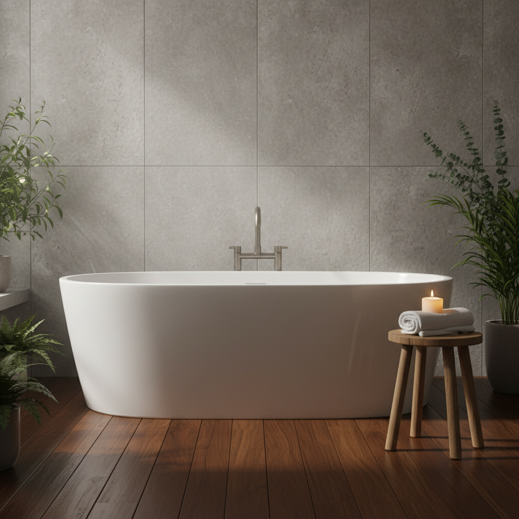 Klimatyczna łazienka w stylu spa. W centrum wolnostojąca, biała wanna stojąca na ciemnej, egzotycznej podłodze z drewna tekowego. Obok wanny mały, drewniany stołek z ręcznikiem i świecą. Ściana za wanną wyłożona jest dużymi, szarymi płytami. Wnętrze jest spokojne i relaksujące.