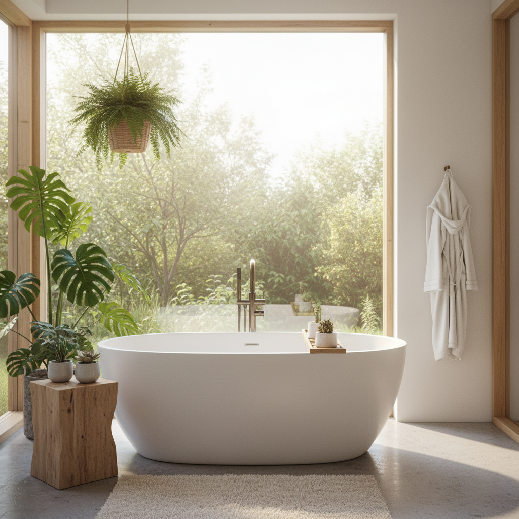 Luksusowa, jasna łazienka z wolnostojącą wanną obok dużego okna. Wnętrze jest wypełnione bujną zielenią – duża monstera stoi w rogu, paproć zwisa z sufitu, a małe sukulenty zdobią drewnianą półkę przy wannie. Promienie słońca delikatnie oświetlają scenę, tworząc atmosferę spokoju i relaksu. Stylistyka jest nowoczesna, minimalistyczna, ale ciepła.