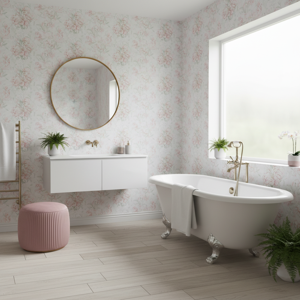 Romantyczna łazienka z wolnostojącą wanną. Jedna ze ścian jest pokryta wysokiej jakości wodoodporną tapetą w delikatny, pastelowy wzór z motywem piwonii. Na podłodze panele winylowe imitujące jasne, bielone drewno. Wnętrze uzupełnia okrągłe lustro w cienkiej, złotej ramie oraz welurowy puf w kolorze pudrowego różu.