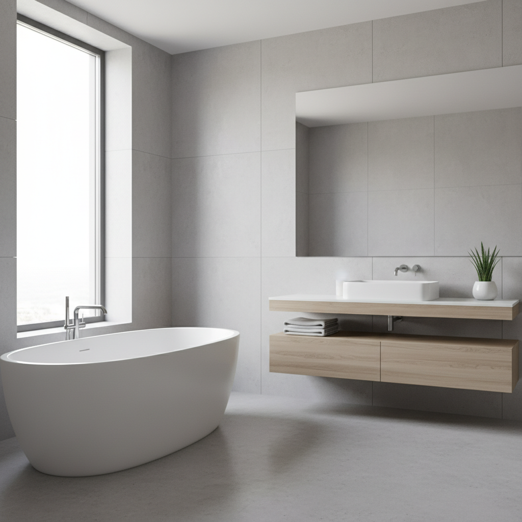 Szerokie ujęcie nowoczesnej, jasnoszarej łazienki z dużą ilością naturalnego światła wpadającego przez okno. Wnętrze jest eleganckie i przestronne. Na pierwszym planie widać wolnostojącą, białą wannę oraz minimalistyczną, drewnianą szafkę pod umywalką. Na szafce stoją starannie ułożone, puszyste białe ręczniki oraz mała roślina w doniczce. Stylistyka zdjęcia jest czysta, jasna i aspiracyjna, pokazująca potencjał aranżacyjny szarej łazienki.