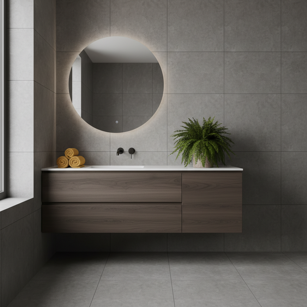 Elegancka, harmonijna łazienka wykończona dużymi, szarymi płytkami imitującymi beton. Wnętrze jest minimalistyczne, z prostą, wiszącą szafką z ciemnego drewna. Na szafce leżą zwinięte w rulon ręczniki w intensywnym, musztardowym kolorze. Obok stoi doniczka z soczyście zieloną paprocią. Kolorowe akcenty przełamują monochromatyczność wnętrza i dodają mu energii.