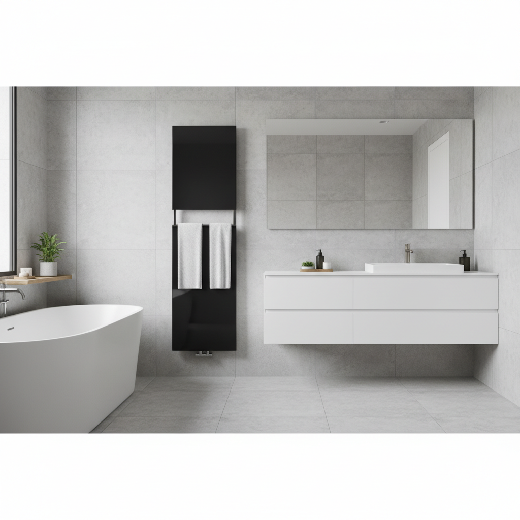 Nowoczesna, jasna łazienka z dużymi, szarymi płytkami imitującymi beton. Obok wolnostojącej wanny zamontowany jest elegancki, pionowy grzejnik ze lśniącą, czarną taflą szkła. Na grzejniku wiszą dwa puszyste, białe ręczniki. Wnętrze jest minimalistyczne i luksusowe.