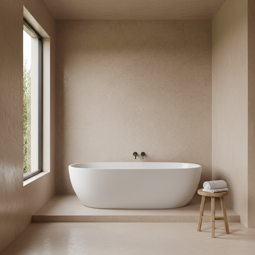 Minimalistyczna łazienka, w której ściany, podłoga oraz obudowa wanny wykonane są z gładkiego, beżowego tynku Tadelakt. Naturalne światło wpadające przez okno subtelnie podkreśla jego satynowy połysk i delikatne przejścia tonalne. W pomieszczeniu znajduje się wolnostojąca, biała wanna i drewniany stołek z ręcznikiem.