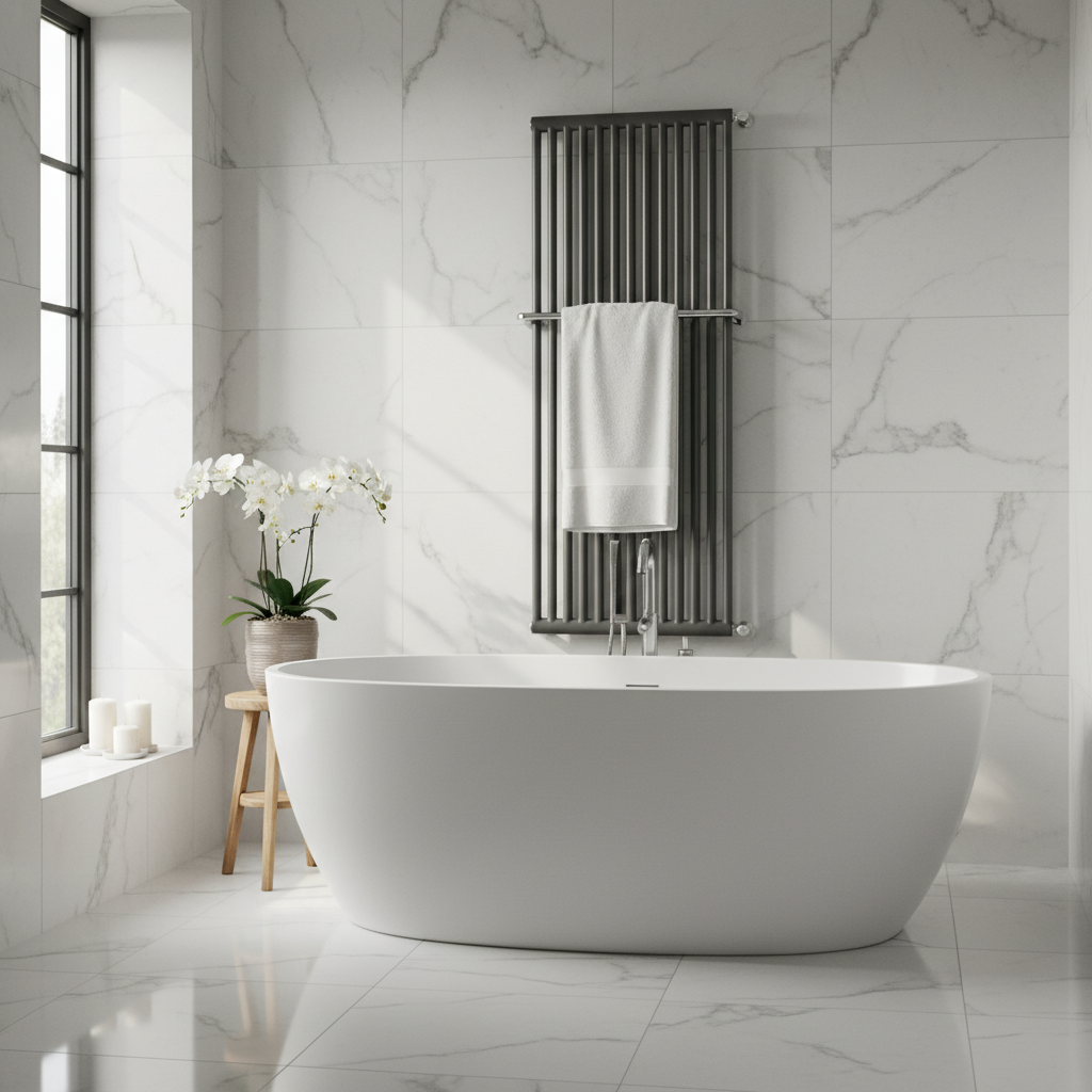 Luksusowa, jasna łazienka w stylu spa z dużą wolnostojącą wanną. Na ścianie wyłożonej płytkami imitującymi biały marmur wisi wysoki, antracytowy grzejnik Purmo Delta Twin M. Na jego chromowanym drążku przewieszony jest gruby, biały ręcznik. Całość tworzy atmosferę relaksu i elegancji.