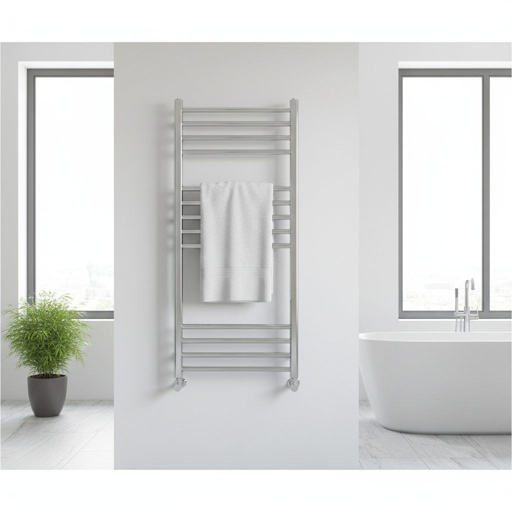 Jasna, nowoczesna łazienka w stylu spa, z dużym oknem wpuszczającym naturalne światło. Na centralnej ścianie wisi elegancki, chromowany grzejnik drabinkowy, na którym przewieszony jest puszysty, biały ręcznik. W tle widać minimalistyczną wannę i zieloną roślinę doniczkową, co tworzy atmosferę relaksu i komfortu.