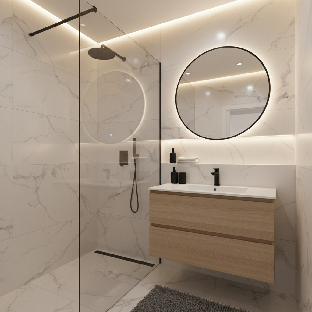 Kompaktowa, ale stylowa łazienka z prysznicem typu walk-in oddzielonym szklaną ścianą. Na ścianie wielkoformatowe płytki imitujące biały marmur. Podwieszana szafka z umywalką i czarną armaturą dodaje nowoczesnego charakteru.