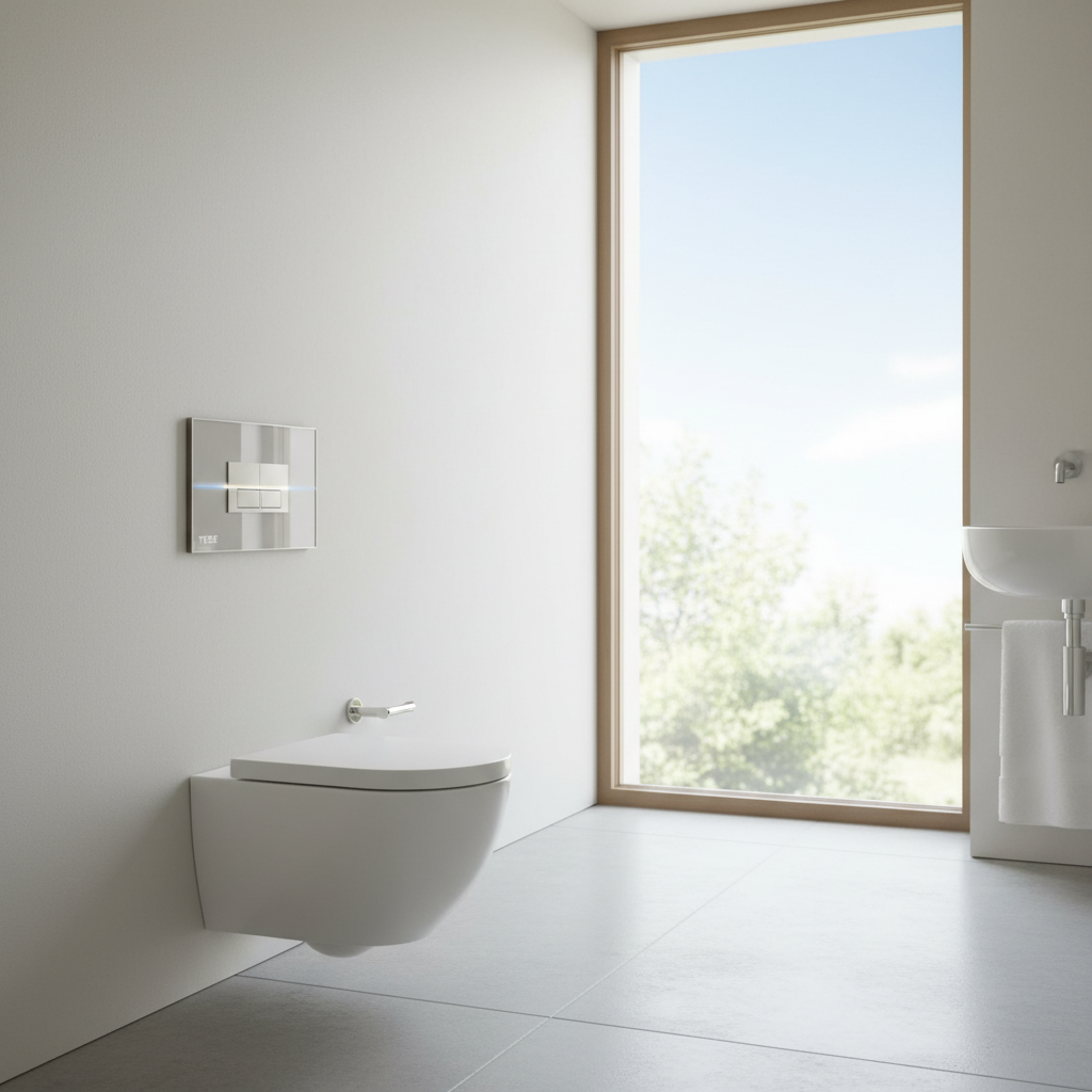 Jasna, minimalistyczna łazienka z dużym oknem. Na pierwszym planie elegancka, podwieszana toaleta myjąca. Na ścianie nad nią widoczny jest nowoczesny, szklany przycisk spłukujący TECE. Całość emanuje czystością, luksusem i nowoczesnym designem.