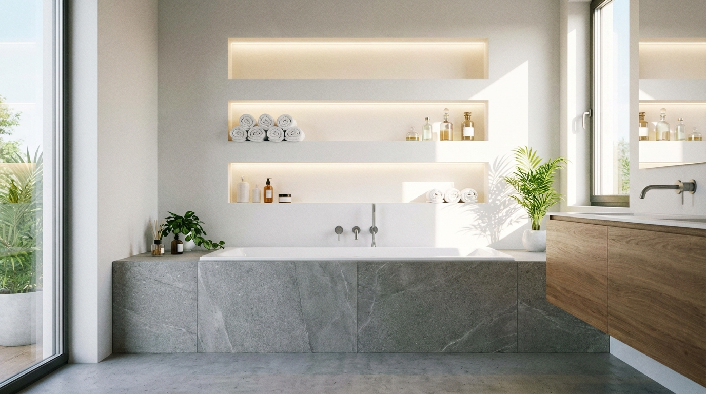 Nowoczesna, jasna łazienka z wanną w zabudowie z wodoodpornych płyt gipsowo-kartonowych, wykończonych dużymi, szarymi płytkami. W ścianie nad wanną widoczne są trzy poziome, podświetlane wnęki, w których elegancko ułożono zwinięte białe ręczniki i ozdobne buteleczki z kosmetykami.