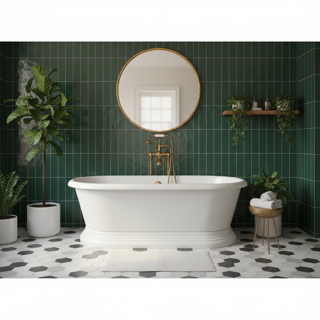 Elegancka łazienka z butelkowo-zielonymi płytkami na jednej ze ścian. Na jej tle znajduje się wolnostojąca, biała wanna z luksusowymi, złotymi bateriami. Na podłodze widać geometryczny wzór płytek w odcieniach bieli i szarości. Wnętrze jest dopełnione dużym, okrągłym lustrem w złotej ramie oraz doniczkowymi roślinami, które dodają wnętrzu życia i świeżości.