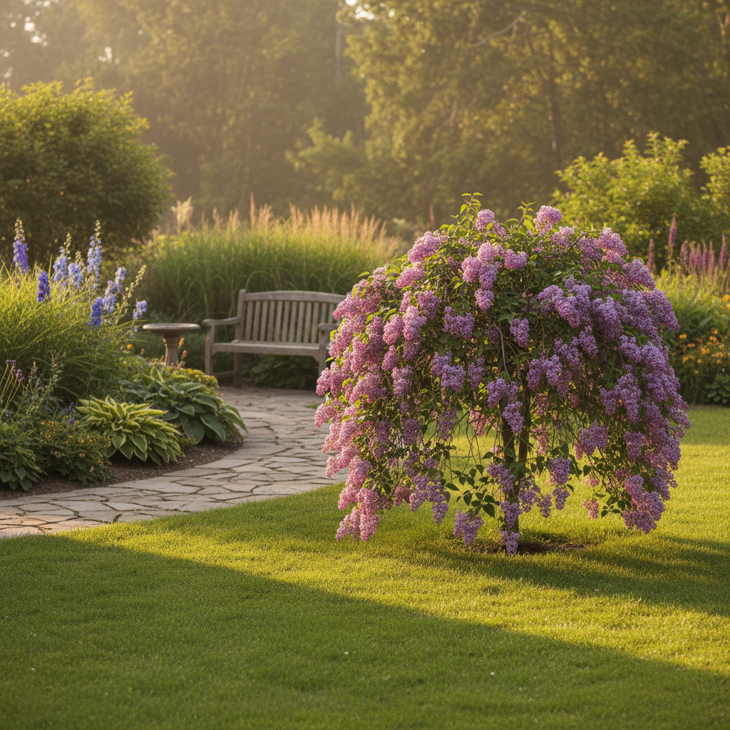 Malowniczy lilak zwisający (Syringa reflexa) posadzony jako soliter na skraju wypielęgnowanego trawnika w przydomowym ogrodzie. Jego zwisające pędy tworzą elegancką, kulistą formę. W tle widać kamienną ścieżkę i rabatę z innymi bylinami. Scena jest skąpana w miękkim, popołudniowym słońcu.